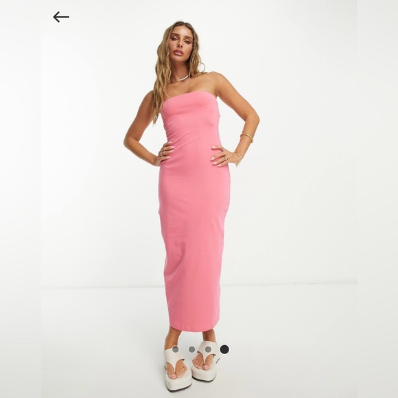 ASOS Bandeau Bodycon Midi dress - in Bubblegum Pink - Picture 2 of 5